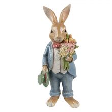Clayre & Eef Dekorace králík v modrém obleku a s kytičkou - 11*10*26 cm