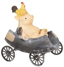 Clayre & Eef Dekorace prase a kohout ve vozíku 11 cm