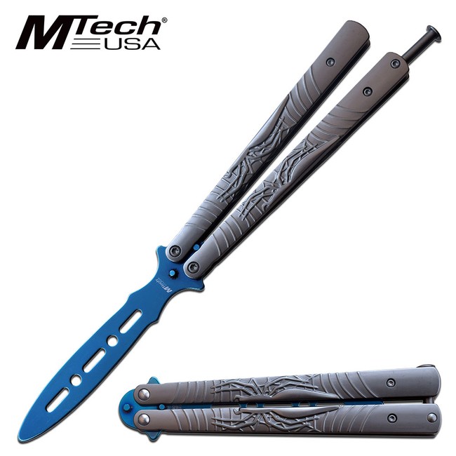 MTech Nůž Motýlek Tréningový silver / blue MT-1165BGY