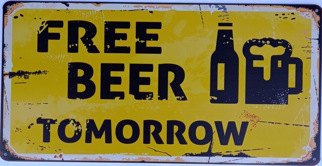 Retro Plechová cedule "Free Beer Tomorrow" žlutá