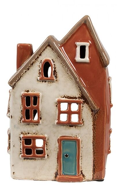 Béžovo-hnědý keramický svícen na čajovou svíčku - 13*8*20 cm domek Amster Village