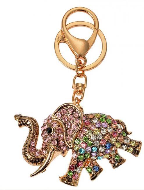 Růžovo-zlatý kovový přívěšek na klíče s kamínky slon 7 cm