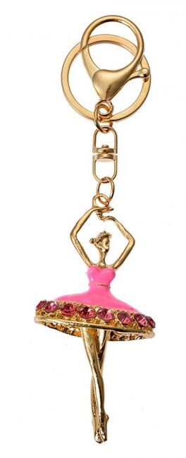 Clayre & Eef Růžovozlatý kovový přívěšek na klíče s kamínky baletka 8 cm