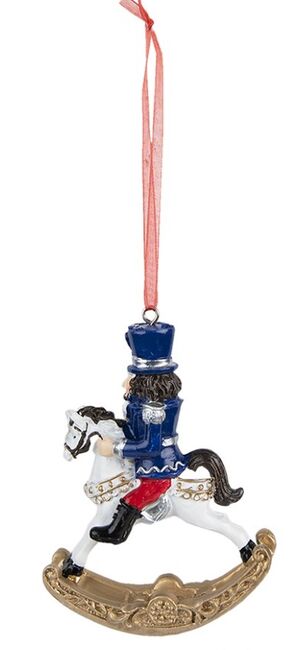 Závěsná ozdoba Louskáček v modrém na houpacím koníkovi