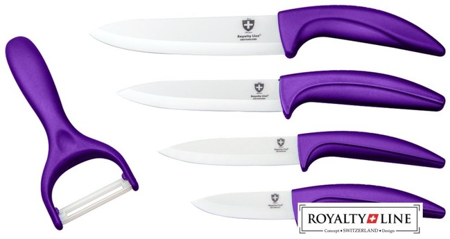 Royalty Line Sada 4 keramických nožů RL-C4 + škrabka fialová