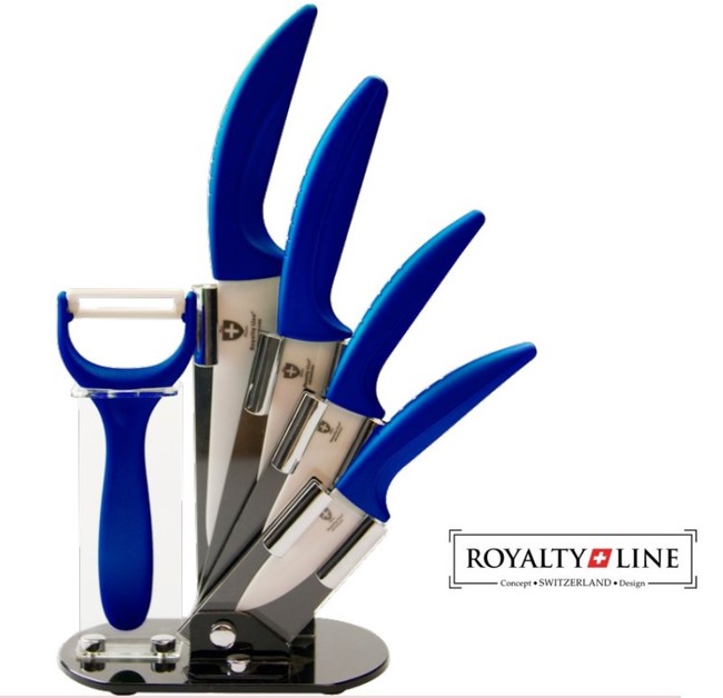 Royalty Line Sada 4 keramických nožů RL-C4ST se stojanem + škrabka modrý