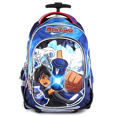 Monsuno Školní batoh trolley Monsuno modrý s motivem chlapce Monsuno, s červeným nápisem Monsuno